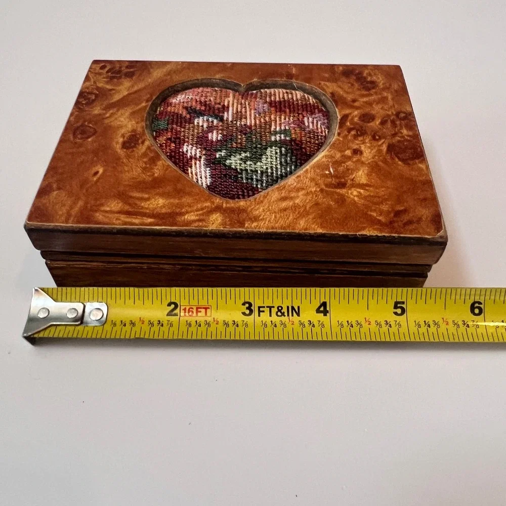 Vintage Burl Wood Heart Needlepoint Jewelry Box Small Mirrored Keepsake Case